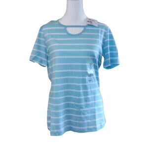 Stripe Keyhole Neck Robin's Egg Blue 100% Cotton Top Womens Size S